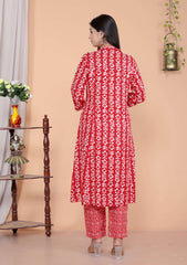 Women's Rayon Floral Printed Mandarin Collar A-Line Kurti with Trousers (Red-M)