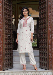 Women's Cotton Embroidered Straight Kurti With Pant and Dupatta Set