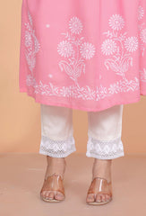 SHITAL CRAFTS Women's Rayon Embroidered vcut Collar Anarkali Kurti with Pant (Pink)