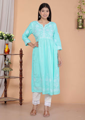 Women's Rayon Embroidered vcut Collar Anarkali Kurti with Pant (Pink)