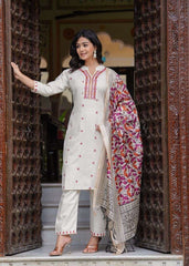 Women's Cotton Embroidered Straight Kurti With Pant and Dupatta Set