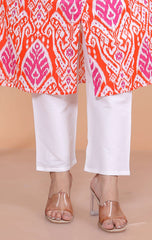 Women's Cotton Printed Mandarin Collar A-Line Kurti with Pant (Orange)