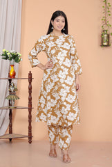 Women's Cotton Floral Printed Mandarin Collar A-Line Kurti with Pant (Brown)