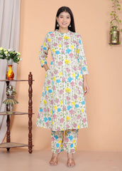 Women's Cotton Floral Printed Mandarin Collar A-Line Kurti with Pant (Cream)