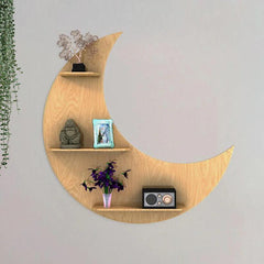 Moon Backlit Designer Wooden Wall Shelf / Book Shelf, Oak Finish