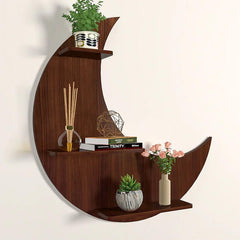 Moon Backlit Designer Wooden Wall Shelf / Book Shelf, Walnut Finish