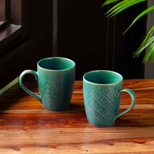 'Moroccan Turqouise' Hand Glazed & Embossed Coffee Mugs In Ceramic (Set Of 2, 300 ML, Microwave Safe)