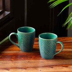 'Moroccan Turqouise' Hand Glazed & Embossed Coffee Mugs In Ceramic (Set Of 2, 300 ML, Microwave Safe)