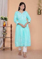 Women's Rayon Embroidered vcut Collar Anarkali Kurti with Pant (Pink)