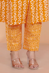 Women's Cotton Floral Printed Mandarin Collar A-Line Kurti with Pant (Orange)