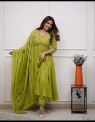 Women's Cotton Embroidered Long Anarkali Kurti With Pant and Dupatta Set (Mehendi Green-L)