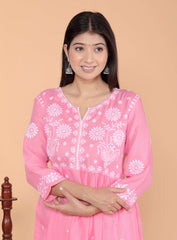 SHITAL CRAFTS Women's Rayon Embroidered vcut Collar Anarkali Kurti with Pant (Pink)