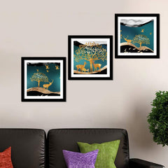 Premium 3 Pieces Wall Hanging Frame of Vector Illustration of Trees and Deer