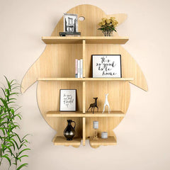 Penguin Backlit Designer Wooden Wall Shelf / Book Shelf / Night Light, Light Oak Finish