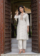 Women's Cotton Embroidered Straight Kurti With Pant and Dupatta Set