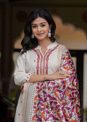 Women's Cotton Embroidered Straight Kurti With Pant and Dupatta Set