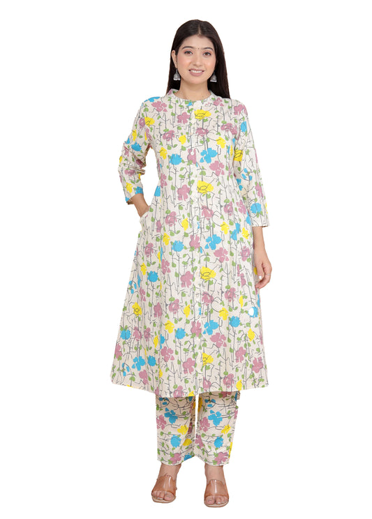 Women's Cotton Floral Printed Mandarin Collar A-Line Kurti with Pant (Cream)