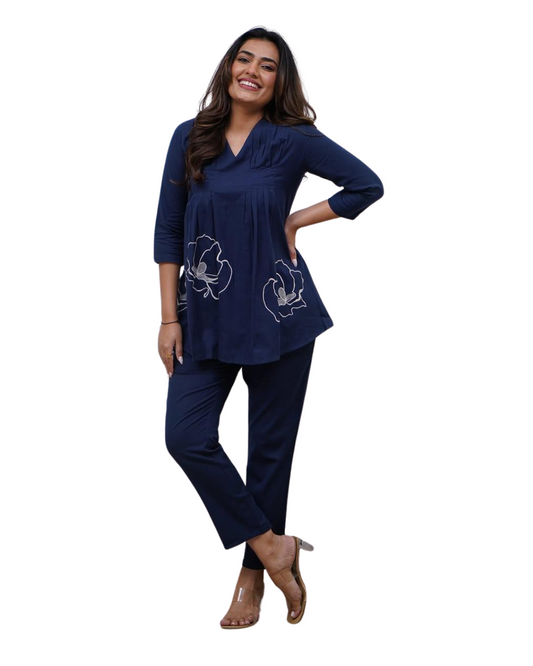 Women's Cotton Embroidered Co-ord Set 2 Piece Top Bottom Set (Navy Blue-L)