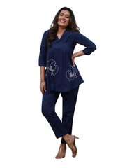 Women's Cotton Embroidered Co-ord Set 2 Piece Top Bottom Set (Navy Blue-L)
