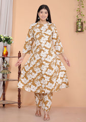 Women's Cotton Floral Printed Mandarin Collar A-Line Kurti with Pant (Brown)