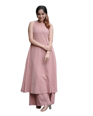 Women's Cotton Plain Flared Sleeveless Kurta With Palazzo