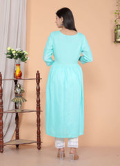 Women's Rayon Embroidered vcut Collar Anarkali Kurti with Pant (Pink)