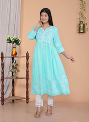 Women's Rayon Embroidered vcut Collar Anarkali Kurti with Pant (Pink)