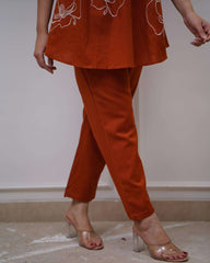 Women's Cotton Embroidered Co-ord Set 2 Piece Top Bottom Set (Orange-)