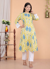 Women's Cotton Printed Mandarin Collar A-Line Kurti with Pant (Lemon)