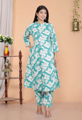 SHITAL CRAFTS Women's Cotton Floral Printed Mandarin Collar A-Line Kurti with Pant (Sky Blue)
