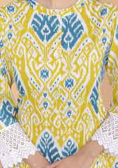 Women's Cotton Printed Mandarin Collar A-Line Kurti with Pant (Lemon)