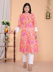 Women's Cotton Printed Mandarin Collar A-Line Kurti with Pant (Orange)