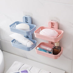 Double Layer Soap Dish Tray With Sticker (Random Color)