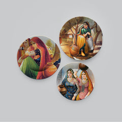 Premium 3 Pieces Ceramic Wall Plates Painting of Indian Culture and Modern Art