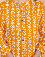 Women's Cotton Floral Printed Mandarin Collar A-Line Kurti with Pant (Orange)