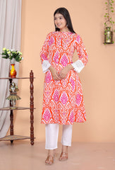 Women's Cotton Printed Mandarin Collar A-Line Kurti with Pant (Orange)