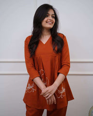 Women's Cotton Embroidered Co-ord Set 2 Piece Top Bottom Set (Orange-)