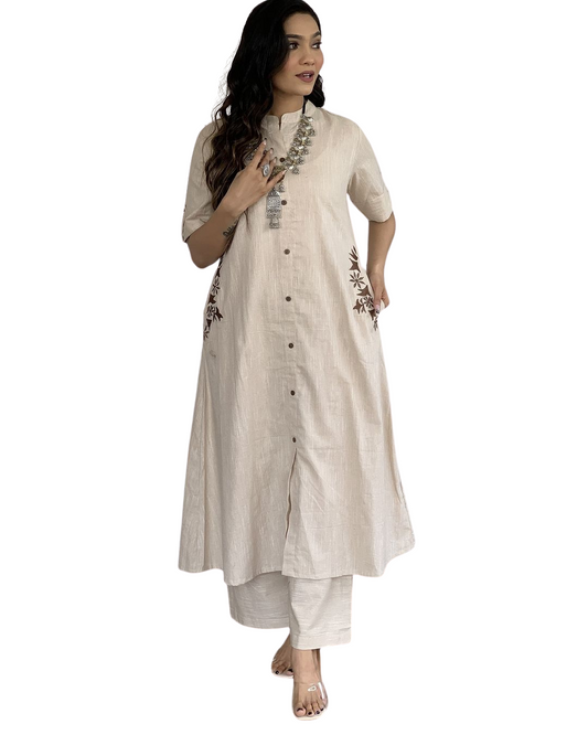 Women's Cotton Embroidered A-Line Kurti With Pant