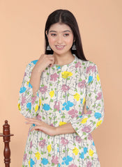 Women's Cotton Floral Printed Mandarin Collar A-Line Kurti with Pant (Cream)