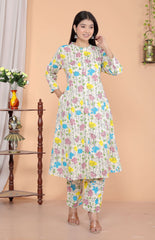 Women's Cotton Floral Printed Mandarin Collar A-Line Kurti with Pant (Cream)
