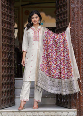 Women's Cotton Embroidered Straight Kurti With Pant and Dupatta Set