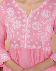 SHITAL CRAFTS Women's Rayon Embroidered vcut Collar Anarkali Kurti with Pant (Pink)