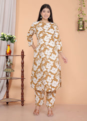 Women's Cotton Floral Printed Mandarin Collar A-Line Kurti with Pant (Brown)