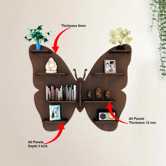 Butterfly Shape Backlit Designer Wooden Wall Shelf / Book Shelf / Night Light, Walnut Finish