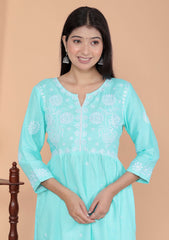 Women's Rayon Embroidered vcut Collar Anarkali Kurti with Pant (Pink)