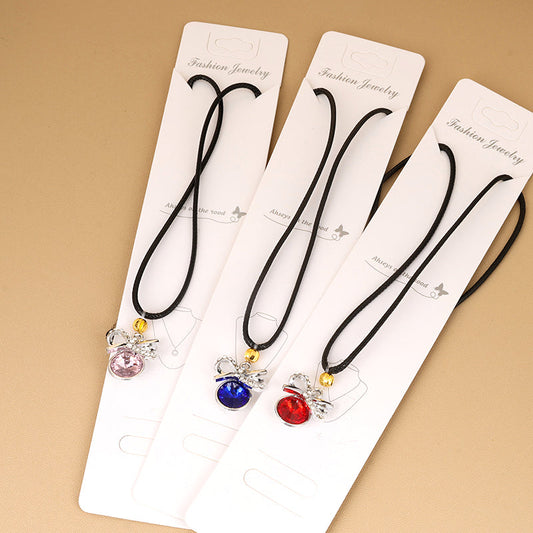 Fashion Crystal Bow Pendant Leather Rope Necklace (Random Color)