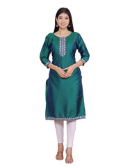 SHITAL CRAFTS Women's Satin Embroidered Printed Straight Kurti (Green-M)
