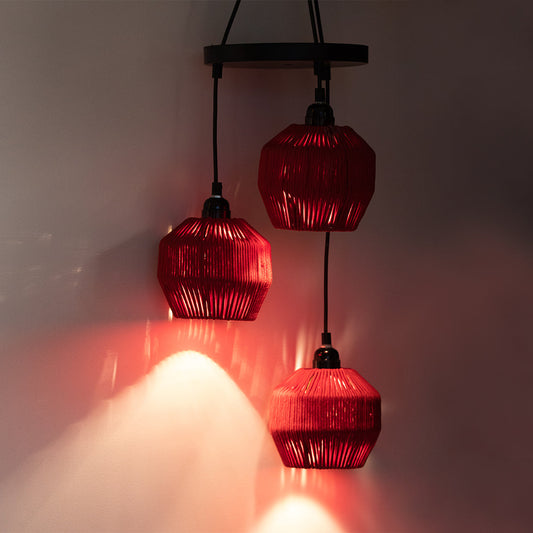Cotton Lustres' Handwoven Adjustable Chandelier With Hanging Lamp Shades In Cotton Rope & Iron (3 Shades | 55.9 cm)