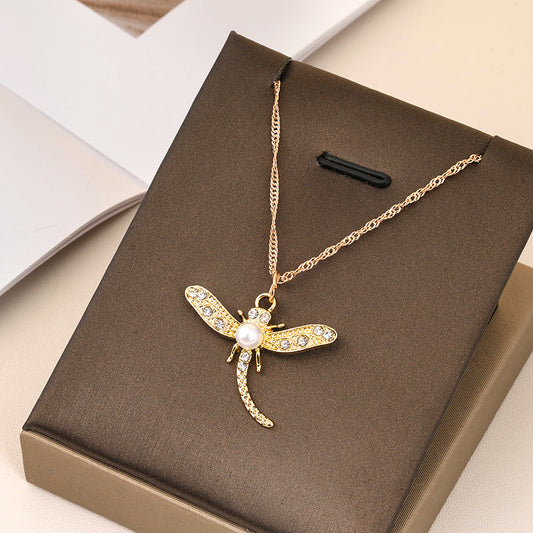 Diamond Studded Dragonfly Necklace (Random Color)