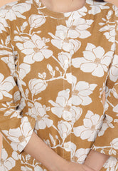 Women's Cotton Floral Printed Mandarin Collar A-Line Kurti with Pant (Brown)